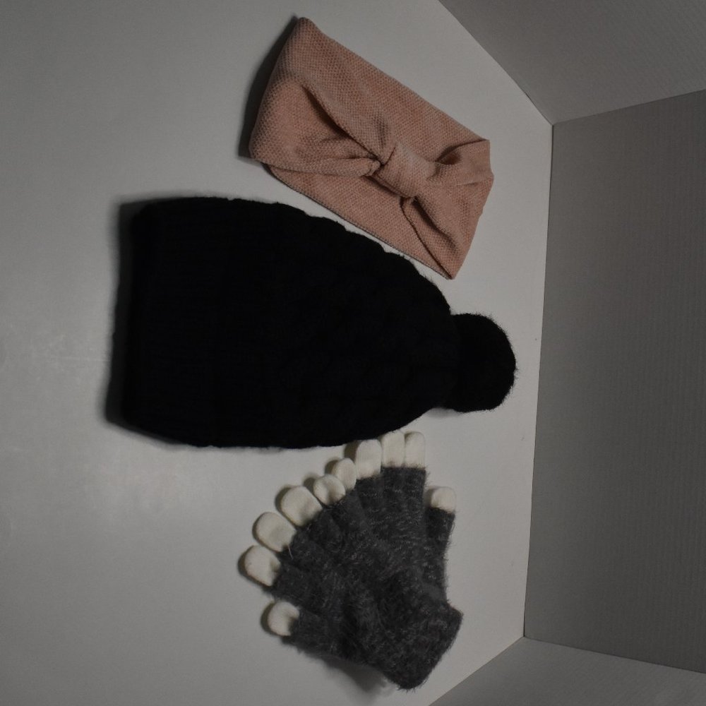 Winter Bundle Gray Gloves Pink Headwrap Black Hat